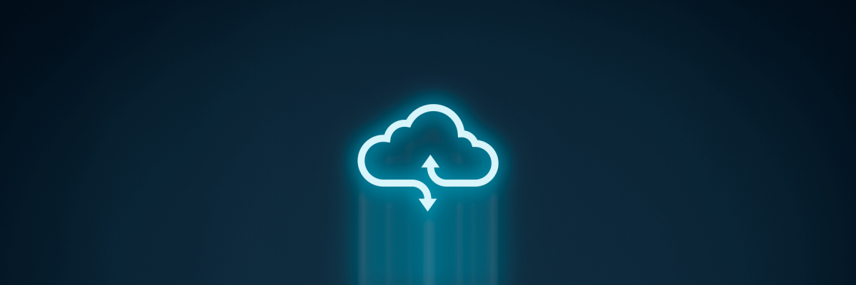 Blue glowing cloud icon on dark background. Cloud computing concept - connect devices to cloud. 