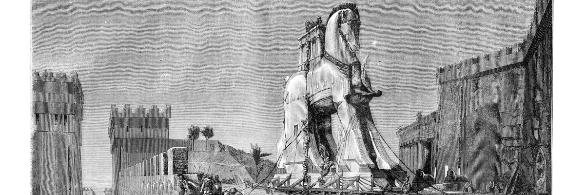 Black and white painting by Motte of a trojan horse next to the walls of Troy